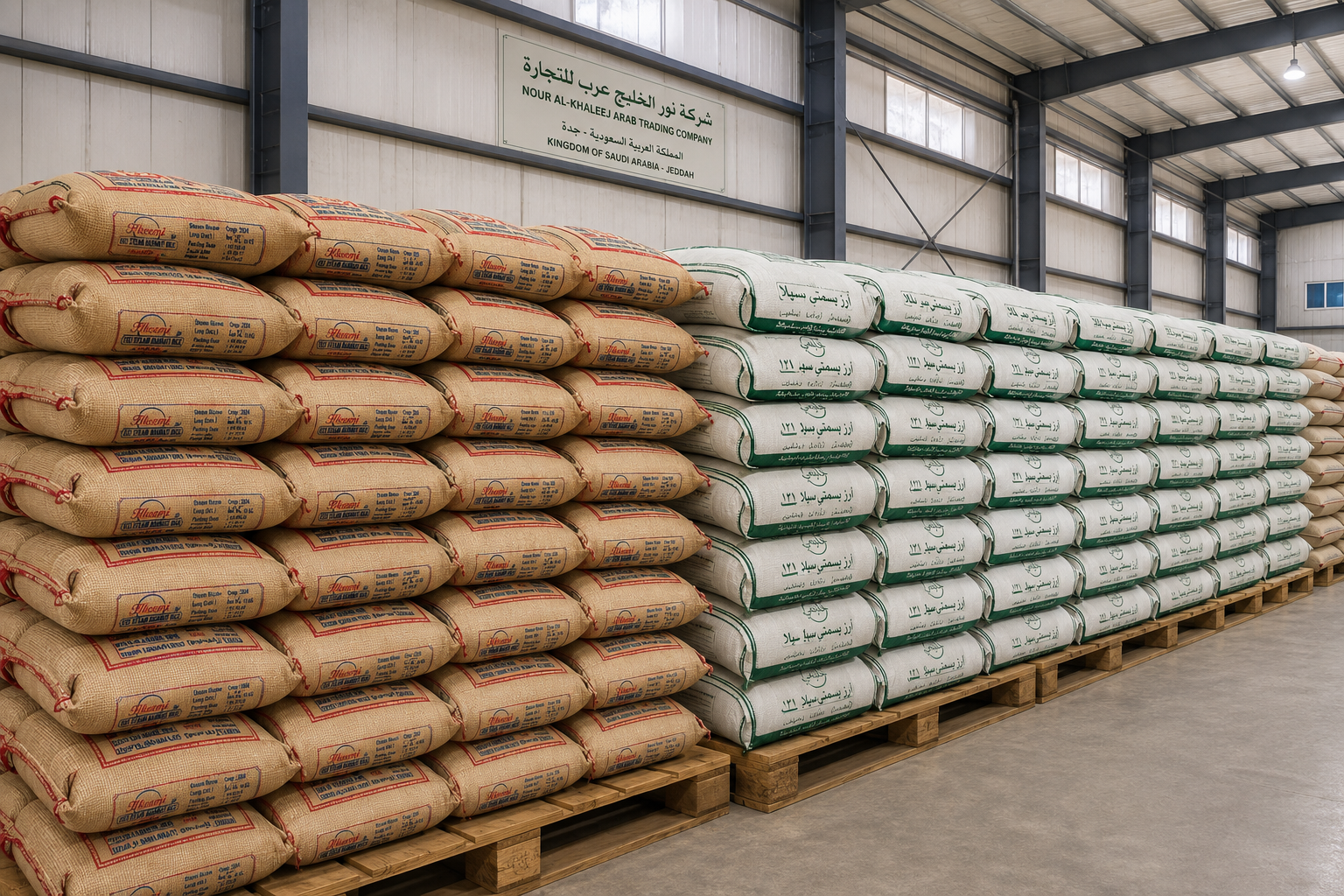 Rice stock arranged in warehouse